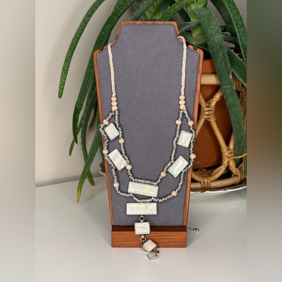 Free People Statement Necklace Shell Inlay Wood Bead Braided Cord Adjustable - Picture 2 of 9